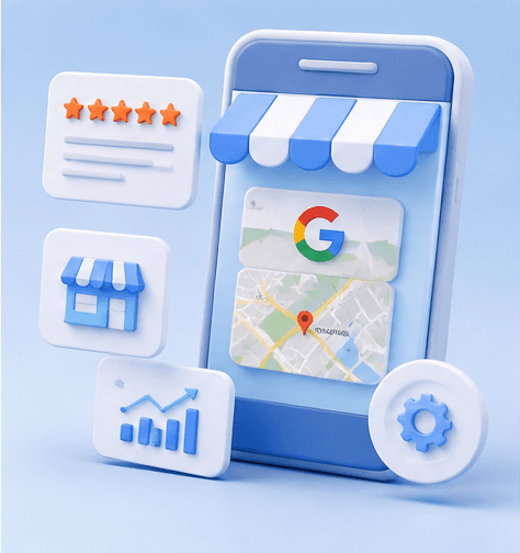 Stylized Google Business Profile illustration representing local listing optimization.