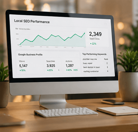 Desktop SEO performance analytics dashboard with rankings and visibility metrics.
