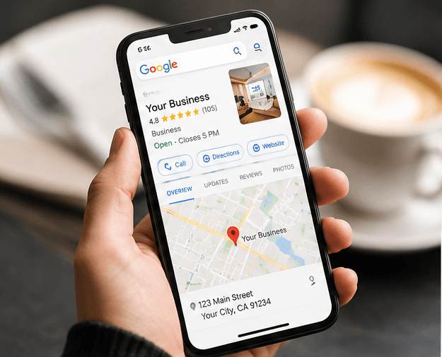 Mobile Google Maps and Business Profile interface showing local discovery and listing details.