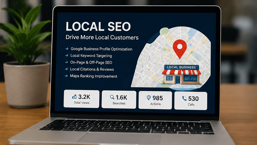 Laptop displaying local SEO dashboard and presentation for strategy review.